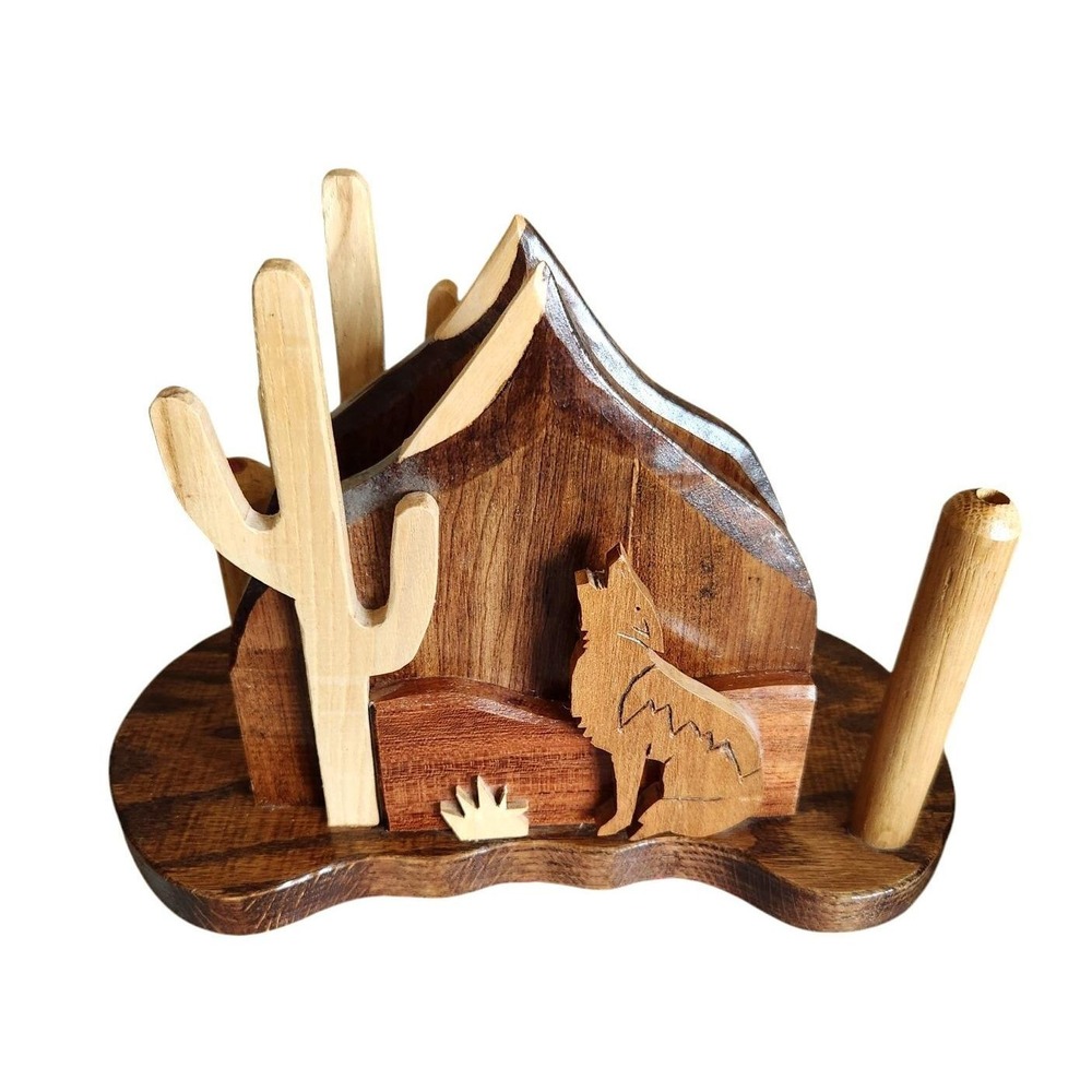 Vintage Hand-carved Wooden Napkin Towel Holder Wolf Wolves Cactus Cabin Hunting